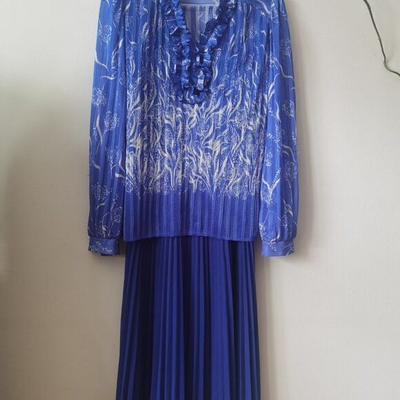 Blue & White Pleated Vintage long Sleeve Midi 70s Polyester - Picture 2 of 6